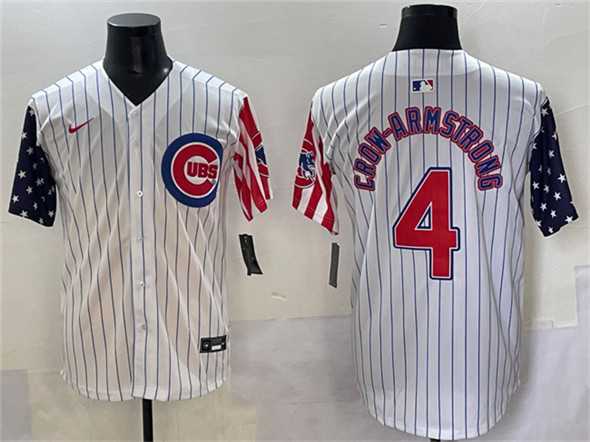 Mens Chicago Cubs #4 Pete Crow-Armstrong White Pinstripe 2025 Independence Day Vapor Premier Limited Stitched Baseball Jersey