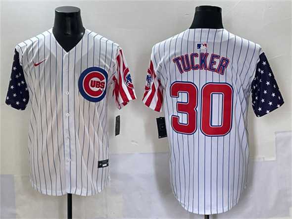 Mens Chicago Cubs #30 Kyle Tucker White Pinstripe 2025 Independence Day Vapor Premier Limited Stitched Baseball Jersey