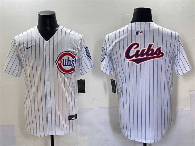 Mens Chicago Cubs Team Big Logo White Pinstripe 2nd Alternate Limited Stitched Baseball Jersey