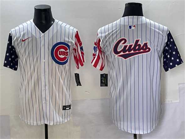 Mens Chicago Cubs Team Big Logo White Pinstripe 2025 Independence Day Vapor Premier Limited Stitched Baseball Jersey