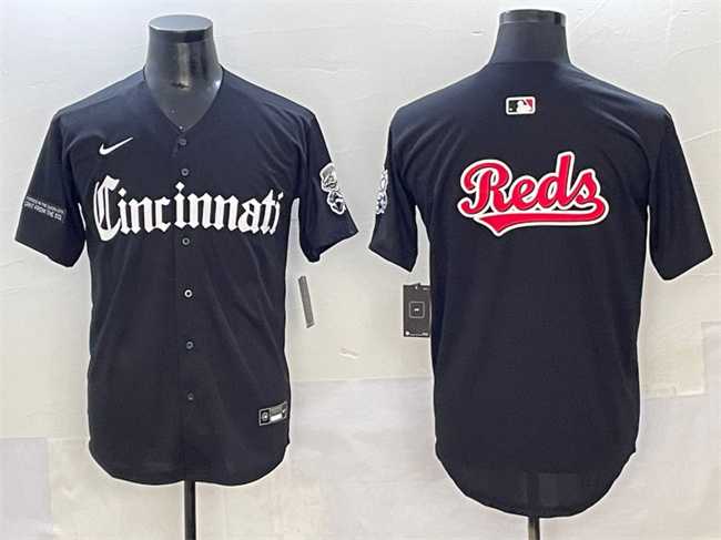 Mens Cincinnati Reds Team Big Logo Black Gothic Queen City Edition Vapor Premier Limited Stitched Baseball Jersey