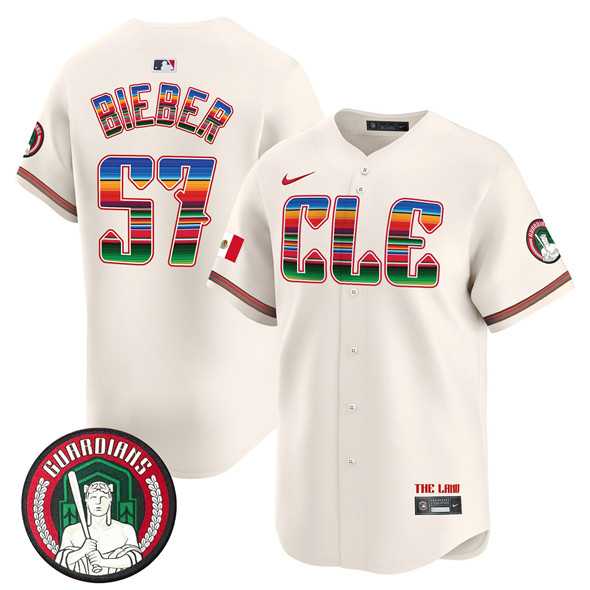 Mens Cleveland Guardians #57 Shane Bieber Cream Mexico Vapor Premier Limited Stitched Baseball Jersey Dzhi