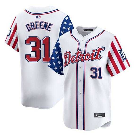 Mens Detroit Tigers #31 Riley Greene White 2025 Independence Day Vapor Premier Limited Stitched Baseball Jersey Dzhi