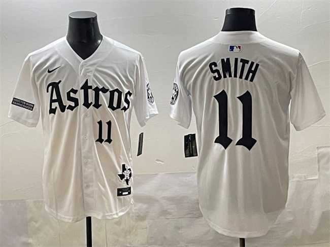 Mens Houston Astros #11 Cam Smith White Gothic Houston Born Barrio Raised Limited Stitched Baseball Jersey