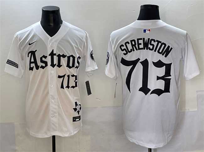 Mens Houston Astros #713 Screwston White Gothic Houston Born Barrio Raised Limited Stitched Baseball Jersey