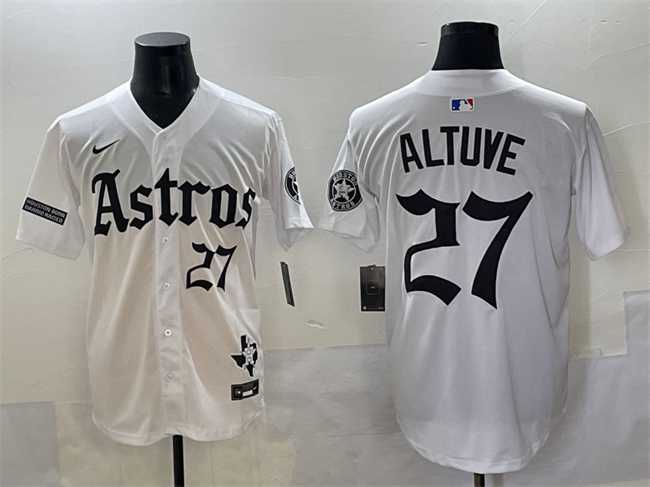 Mens Houston Astros #27 Jose Altuve White Gothic Houston Born Barrio Raised Limited Stitched Baseball Jersey