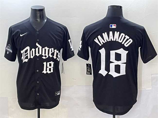 Mens Los Angeles Dodgers #18 Yoshinobu Yamamoto Black 2025 LA Gothic Style With 2024 World Series Champions Patch Vapor Premier Limited Stitched Baseball Jersey