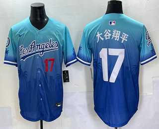 Mens Los Angeles Dodgers #17 Shohei Ohtani Japanese Blue 2025 City Connect Limited Stitched Jersey