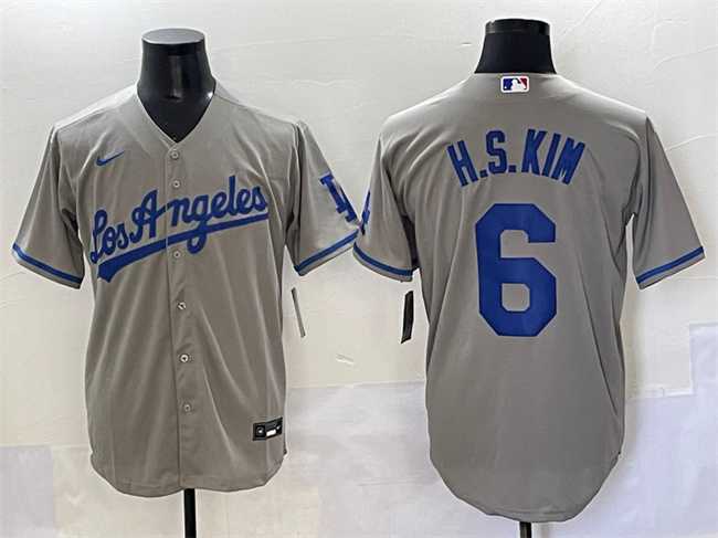 Mens Los Angeles Dodgers #6 H.S.Kim Gray Cool Base Stitched Baseball Jersey