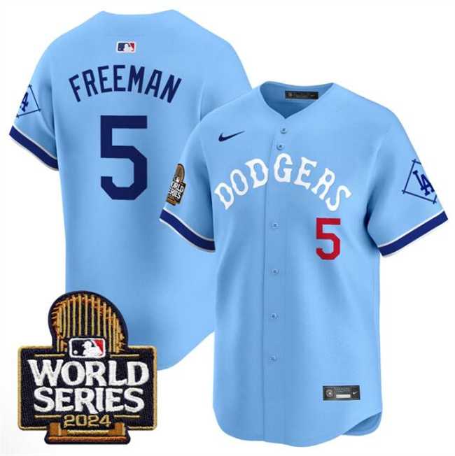 Mens Los Angeles Dodgers #5 Freddie Freeman Blue With 2024 World Series Patch Vapor Premier Limited Stitched Baseball Jersey Dzhi