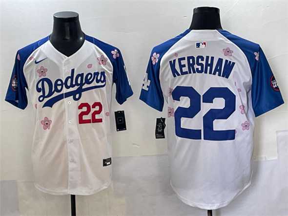 Mens Los Angeles Dodgers #22 Clayton Kershaw White Royal 2025 Tokyo Series Limited Stitched Baseball Jersey