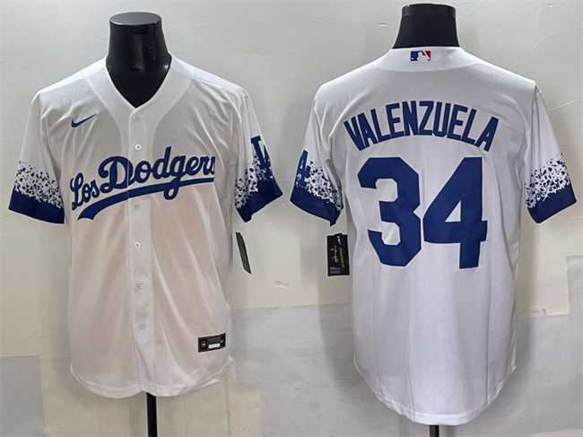 Mens Los Angeles Dodgers #34 Fernando Valenzuela White City Connect Cool Base Stitched Jersey