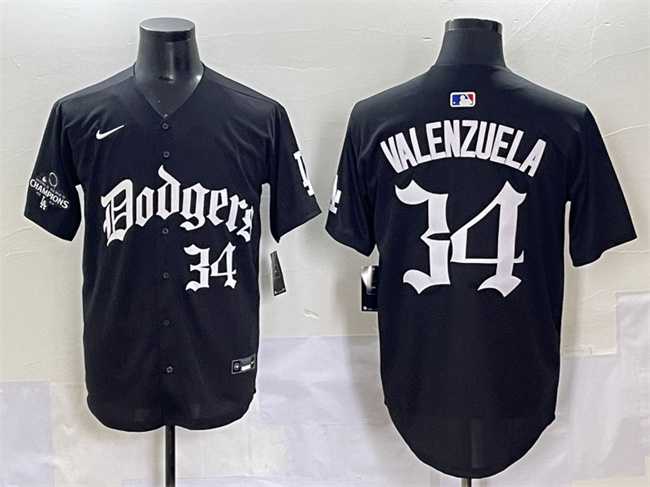 Mens Los Angeles Dodgers #34 Fernando Valenzuela Black 2025 LA Gothic Style With 2024 World Series Champions Patch Vapor Premier Limited Stitched Baseball Jersey