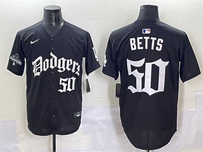 Mens Los Angeles Dodgers #50 Mookie Betts Black 2025 LA Gothic Style With 2024 World Series Champions Patch Vapor Premier Limited Stitched Baseball Jersey