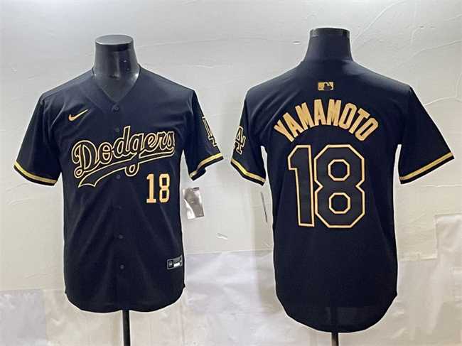 Mens Los Angeles Dodgers #18 Yoshinobu Yamamoto Black Gold Limited Stitched Jersey
