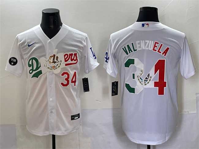 Mens Los Angeles Dodgers #34 Fernando Valenzuela White Mexico Special Vin Scully Patch Stitched Baseball Jersey Dzhi
