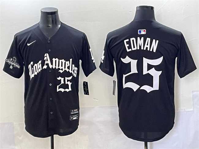 Mens Los Angeles Dodgers #25 Tommy Edman Black Mexico 2025 LA Gothic Style With 2024 World Series Champions Patch Vapor Premier Limited Stitched Baseball Jersey
