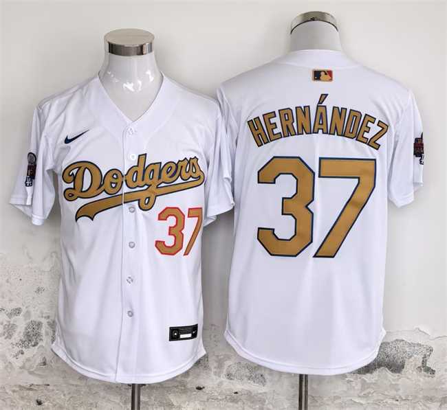 Mens Los Angeles Dodgers #37 Teoscar Hernandez White Gold 2025 Cool Base Stitched Jersey