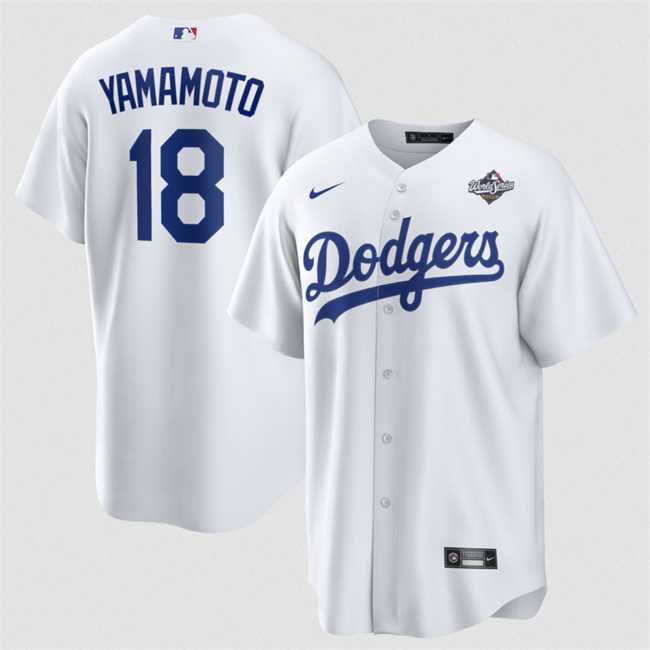 Mens Los Angeles Dodgers #18 Yoshinobu Yamamoto White 2025 World Series Home Cool Base Stitched Jersey Dzhi