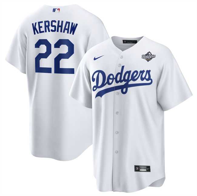 Mens Los Angeles Dodgers #22 Clayton Kershaw White 2025 World Series Home Cool Base Stitched Jersey Dzhi