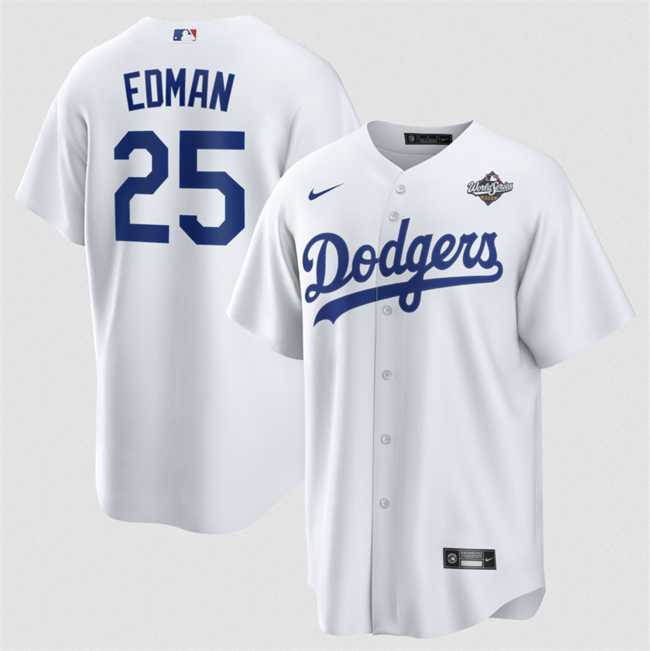 Mens Los Angeles Dodgers #25 Tommy Edman White 2025 World Series Home Cool Base Stitched Jersey Dzhi