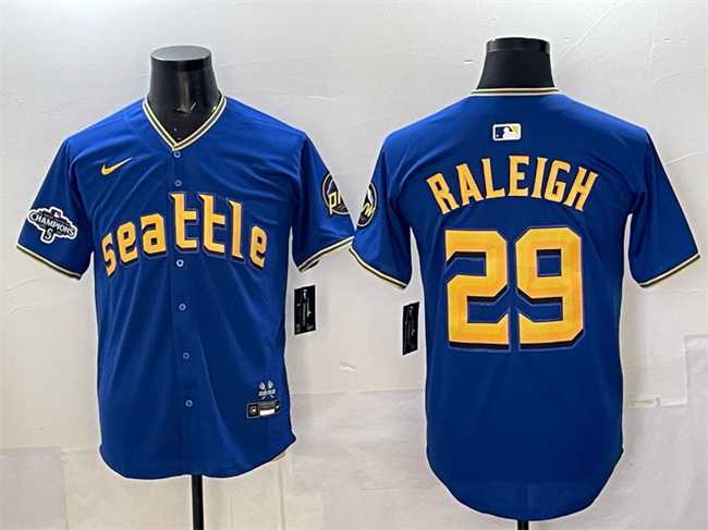 Mens Seattle Mariners #29 Cal Raleigh Royal With 2025 AL West Division Champions Patch City Connect Limited Stitched Jersey