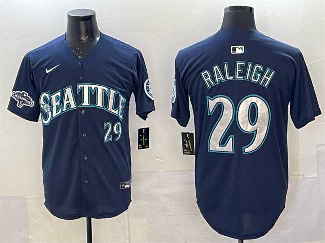 Mens Seattle Mariners #29 Cal Raleigh Navy With 2025 AL West Division Champions Patch Limited Stitched jersey