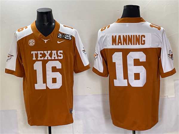 Mens Texas Longhorns #16 Peyton Manning Orange 2025 CFP Final With SEC Patch Stitched Jersey