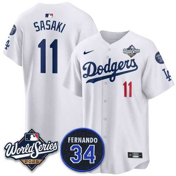 Mens Los Angeles Dodgers #11 Roki Sasaki White 2025 World Series With No. 34 Patch Limited Stitched Jersey