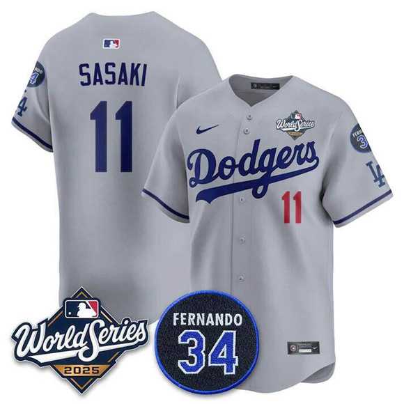 Mens Los Angeles Dodgers #11 Roki Sasaki Gray 2025 World Series With No. 34 Patch Limited Stitched Jersey