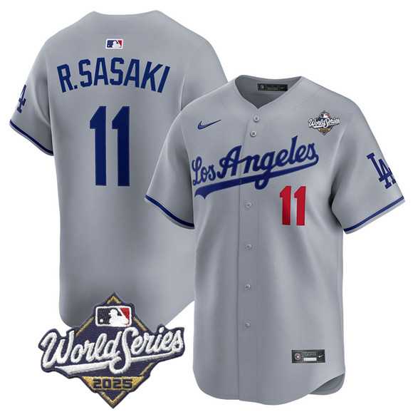 Mens Los Angeles Dodgers #11 Roki Sasaki Gray 2025 World Series Stitched Jersey