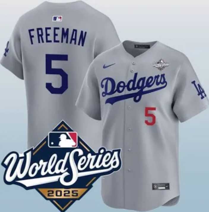 Mens Los Angeles Dodgers #5 Freddie Freeman Gray 2025 World Series Limited Stitched Jersey