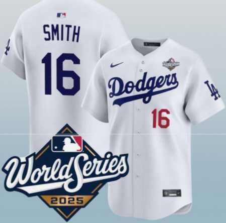 Mens Los Angeles Dodgers #16 Will Smith White 2025 World Series Home Limited Stitched Jersey