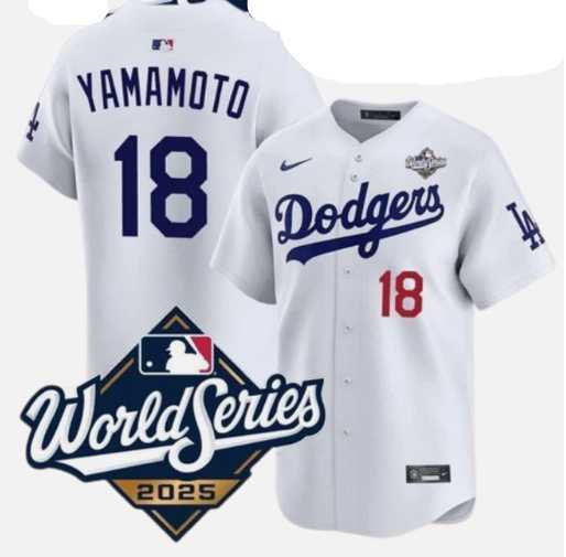 Mens Los Angeles Dodgers #18 Yoshinobu Yamamoto White 2025 World Series Home Limited Stitched Jersey