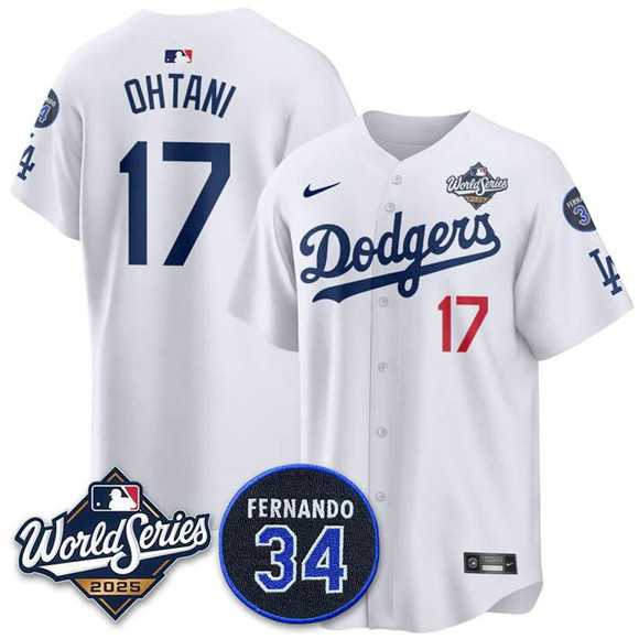 Mens Los Angeles Dodgers #17 Shohei Ohtani White 2025 World Series With No. 34 Patch Limited Stitched Jersey
