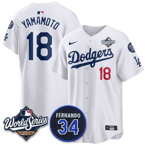 Mens Los Angeles Dodgers #18 Yoshinobu Yamamoto White 2025 World Series With No. 34 Patch Limited Stitched Jersey