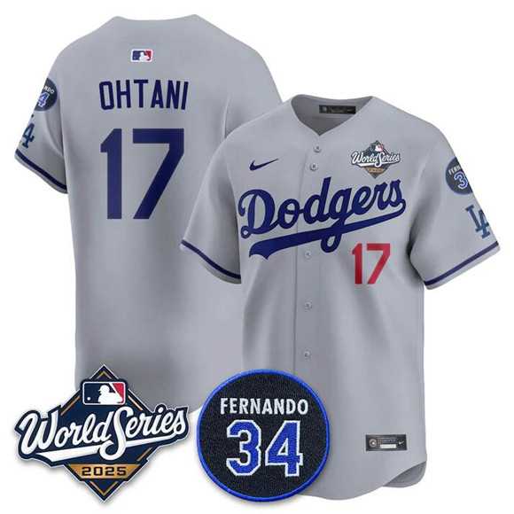 Mens Los Angeles Dodgers #17 Shohei Ohtani Gray 2025 World Series With No. 34 Patch Limited Stitched Jersey