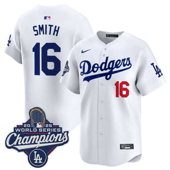 Mens Los Angeles Dodgers #16 Will Smith White 2025 Champions Stitched Jersey