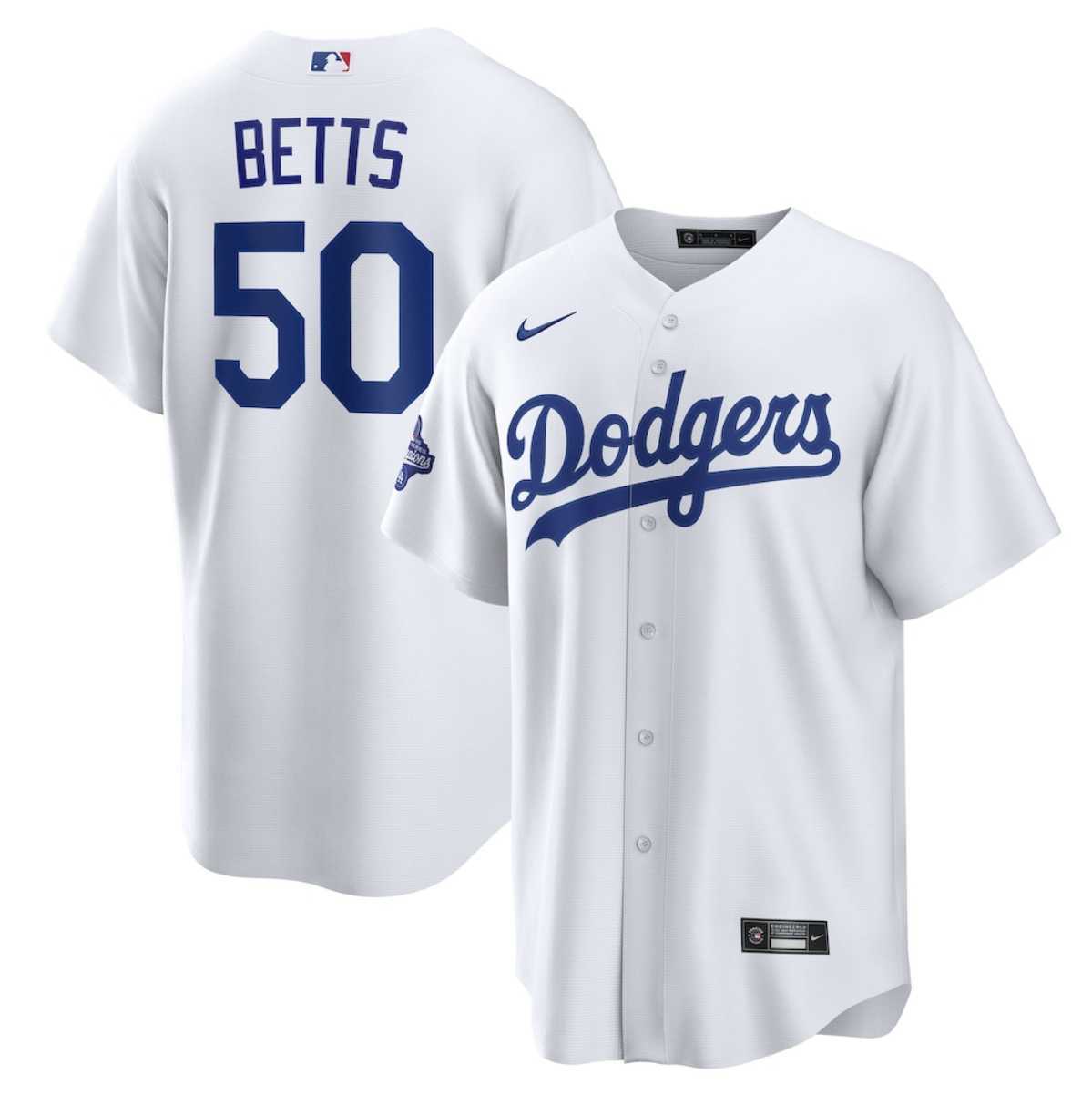 Mens Los Angeles Dodgers #50 Mookie Betts White 2025 World Series Champions Home Cool Base Stitched Jersey