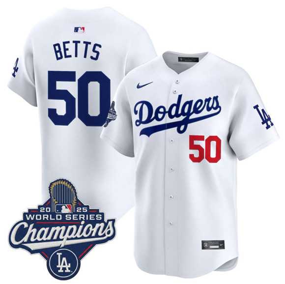 Mens Los Angeles Dodgers #50 Mookie Betts White 2025 Champions Stitched Jersey