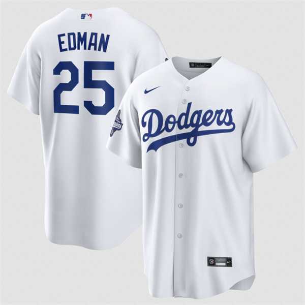 Mens Los Angeles Dodgers #25 Tommy Edman White 2025 World Series Champions Home Cool Base Stitched Jersey