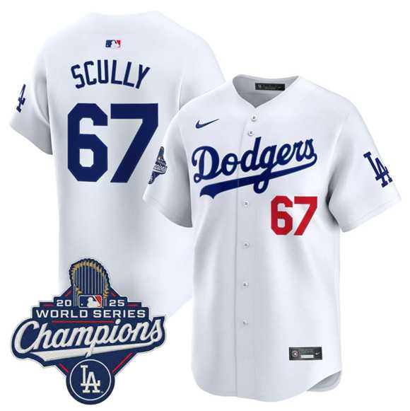 Mens Los Angeles Dodgers #67 Vin Scully White 2025 Champions Stitched Jersey