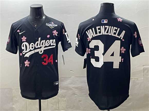 Mens Los Angeles Dodgers #34 Fernando Valenzuela Black 2025 World Series Patch Tokyo Series Limited Stitched Jersey