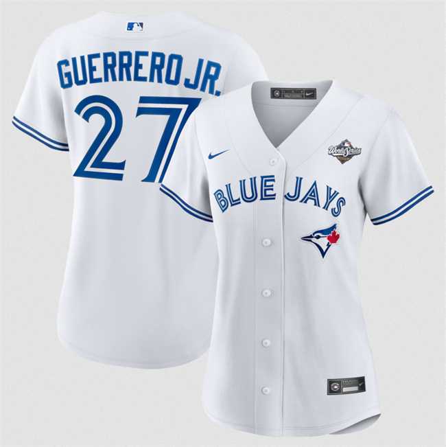 Womens Toronto Blue Jays #27 Vladimir Guerrero Jr. White 2025 World Series Home Cool Base Stitched Jersey Dzhi