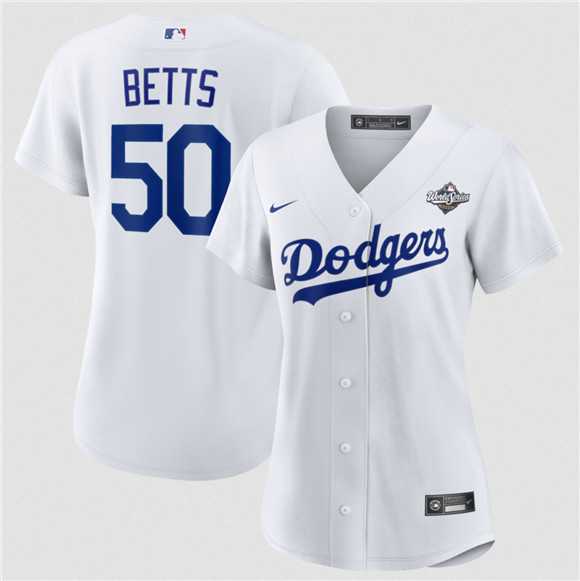 Womens Los Angeles Dodgers #50 Mookie Betts White 2025 World Series Home Cool Base Stitched Jersey Dzhi
