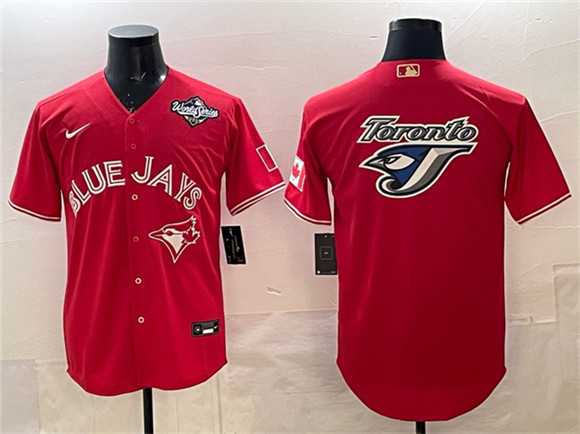 Mens Toronto Blue Jays Team Big Logo Red 2025 World Series Home Cool Base Stitched Jersey