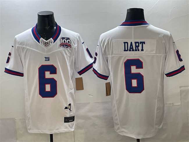 Mens New York Giants #6 Jaxson Dart White 2025 Draft F.U.S.E. 100th Season & State Patch Vapor Limited Stitched Jersey