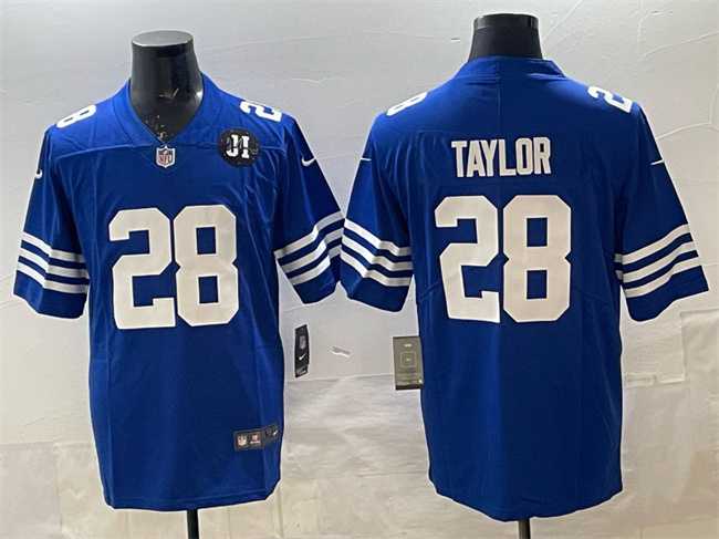 Mens Indianapolis Colts #28 Jonathan Taylor Blue Jim Irsay Patch Vapor Limited Stitched Jersey Dzhi