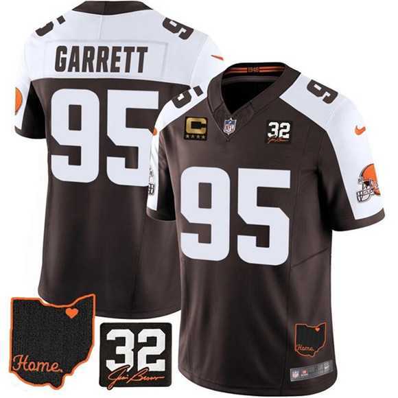 Mens Cleveland Browns #95 Myles Garrett Brown Alternate 2025 F.U.S.E. 4-Star C Patch With Jim Brown Memorial & Home Patch Vapor Limited Stitched Jersey Dzhi
