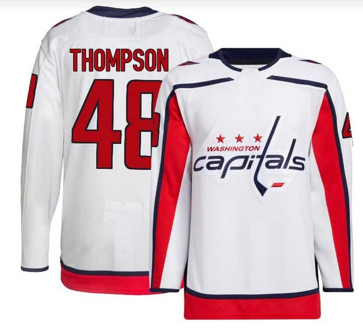 Mens Washington Capitals #48 Logan Thompson Authentic White Away Jersey Dzhi